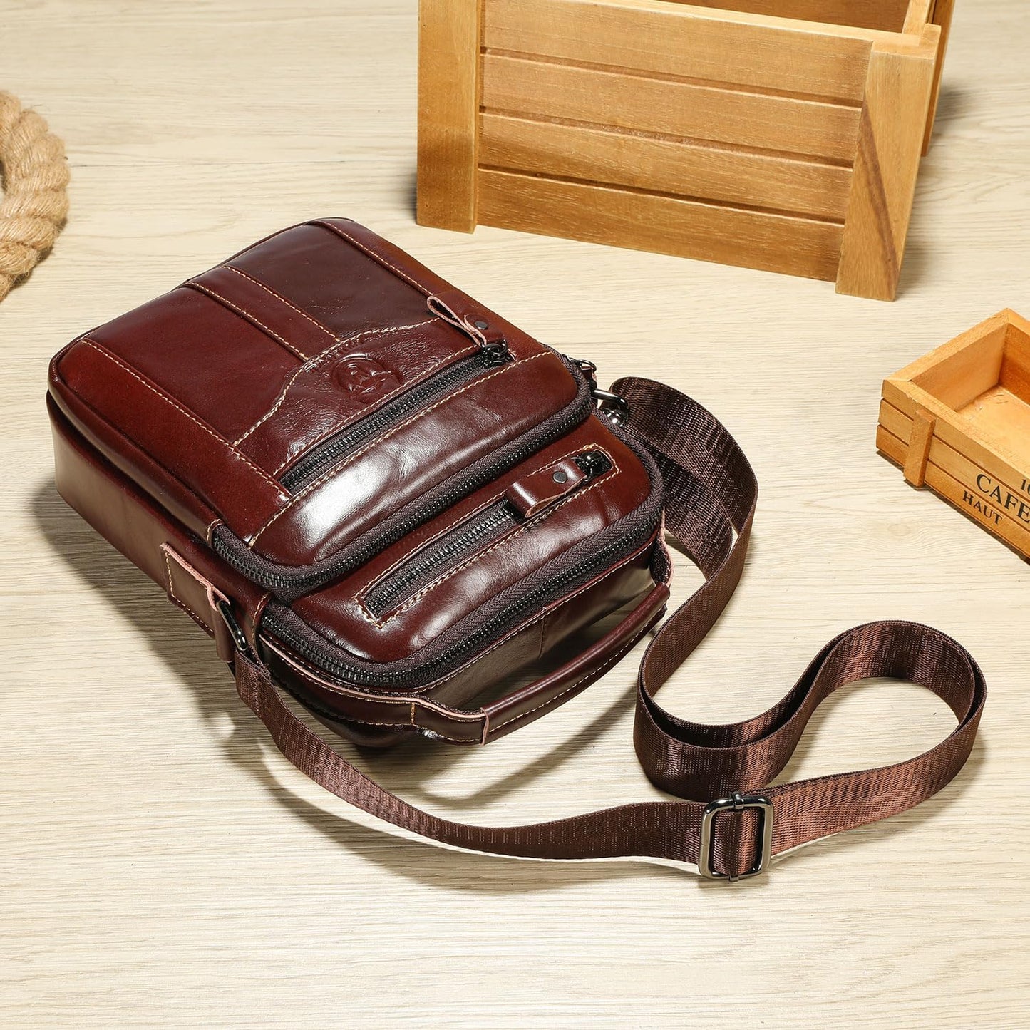 Leather Crossbody Bags for Men Casual Shoulder Bag Travel Messenger Bag Vintage Handbag Multi Pocket Satchel