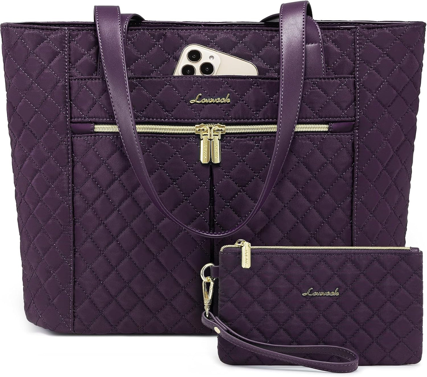 LOVEVOOK Laptop Bag for Women 17 inch,Diamond Quilted Work Tote Bags Womens Laptop Tote Bag Computer Shoulder Bags,Stylish Travel Tote Bags Laptop Purse Briefcase Handbag with Clutch Purse,Off-white