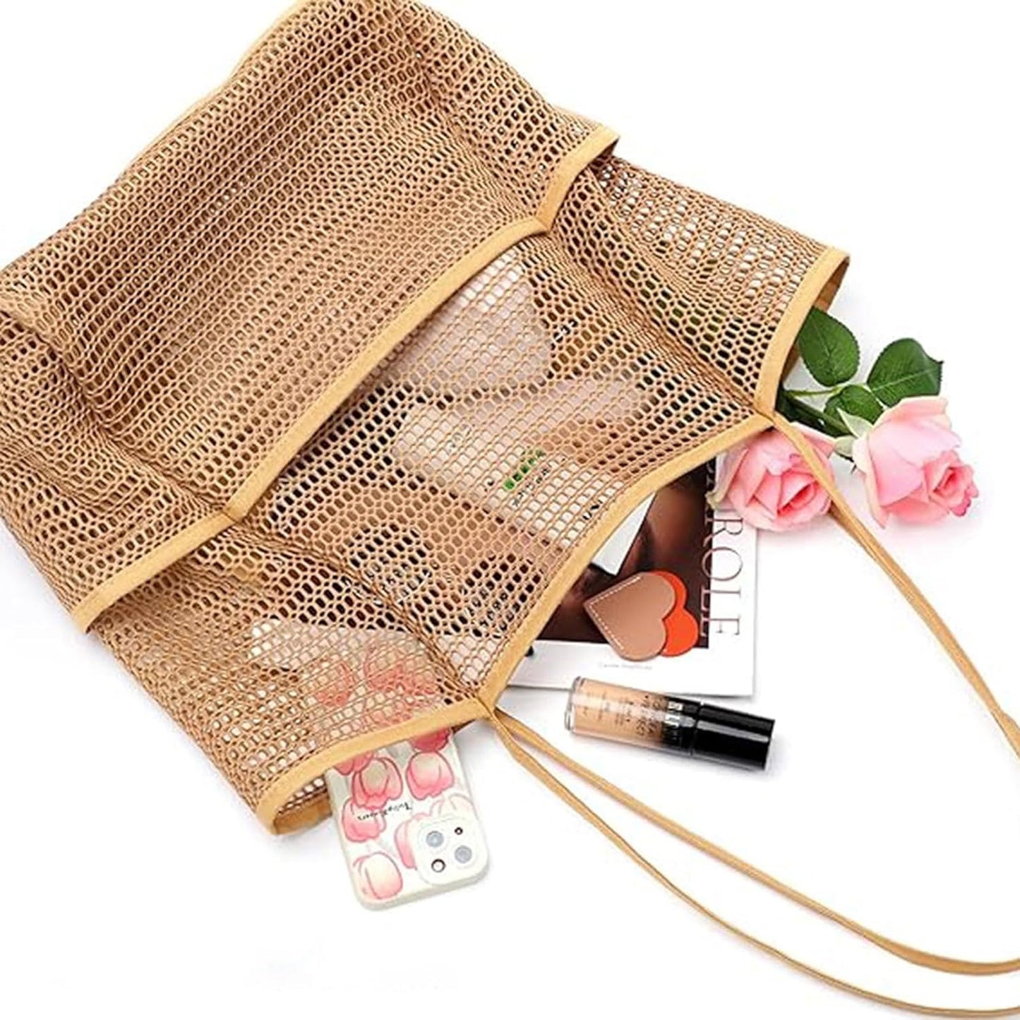 Large Beach Bags for Women, Mesh Beach Tote with Zipper, Foldable Pool Tote Bag Travel Beachbag Waterproof Sandproof