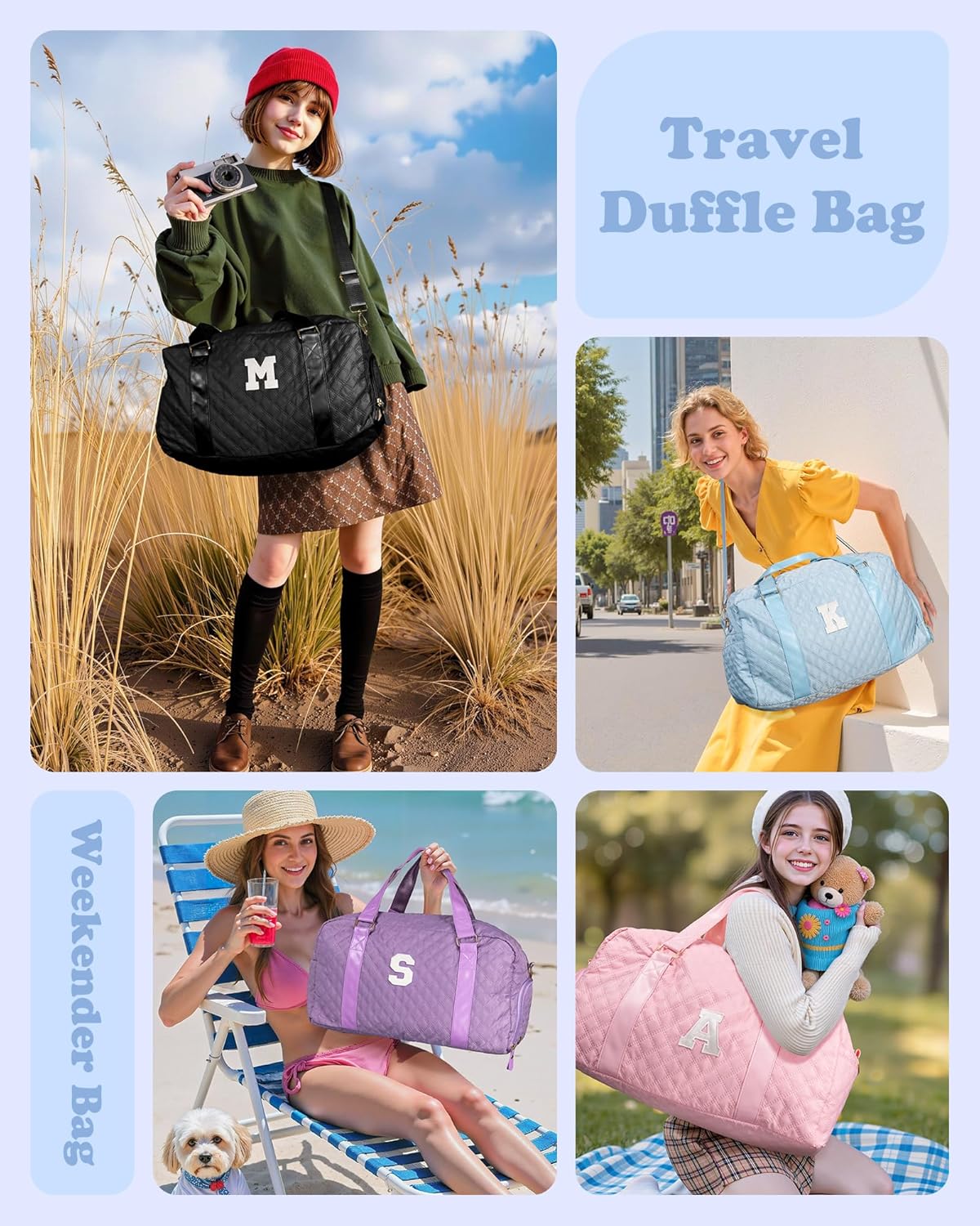 Initial Travel Duffle Bag Women Girls Gift: Personalized Weekender bags, Dance Cheer bag Sports for Girl, Kid Gymnastics Bags, Birthday Gifts for Women Girls Kids Teens Mom Teacher