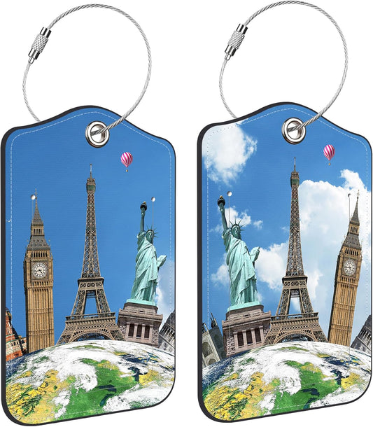 Luggage Tags for Suitcase It's Time to Travel 2 PCS Leather Travel Luggage Tag with Stainless Steel Loop Name ID Label Privacy Cover for Women Men