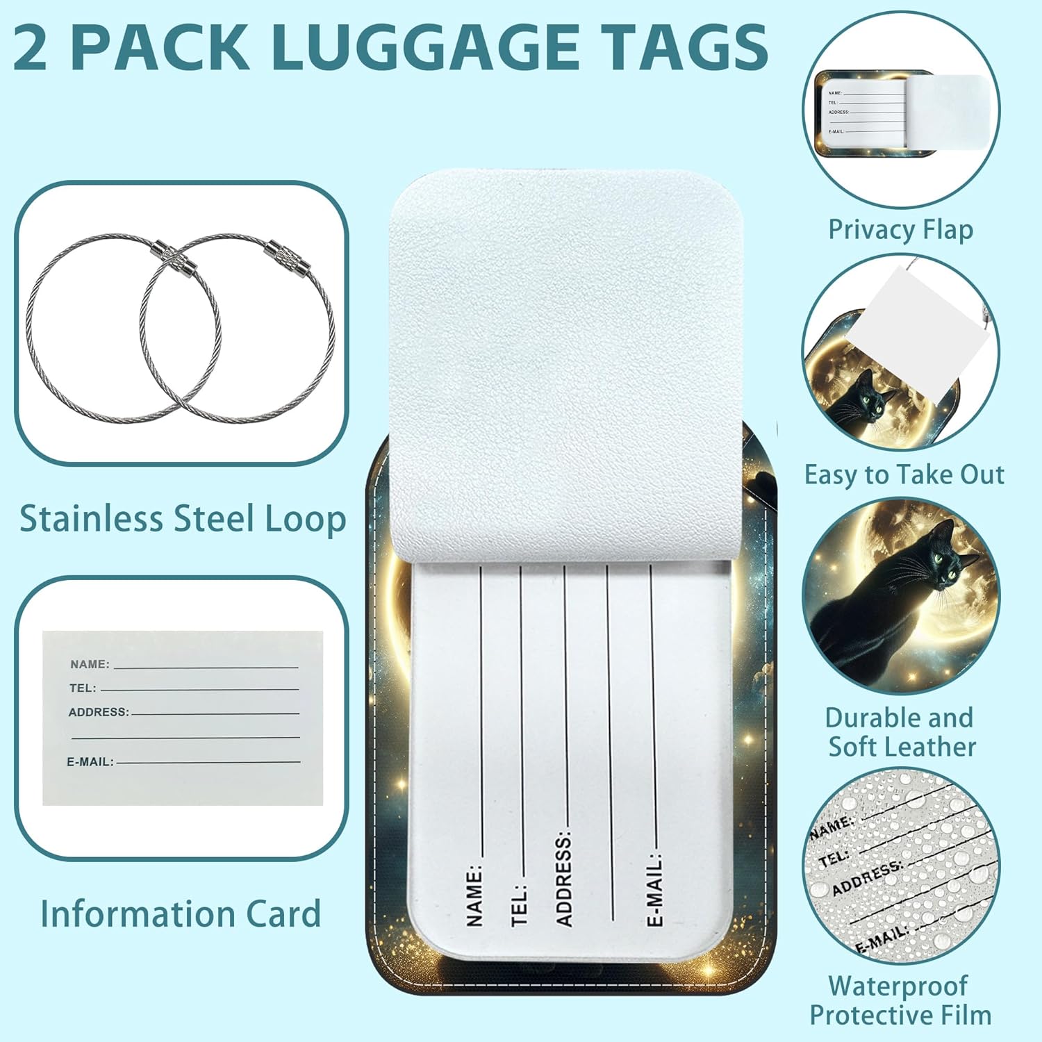 2 Pack Cute Luggage Tag for Suitcases Black Cat and Sky Leather Luggage Tags with Stainless Steel
