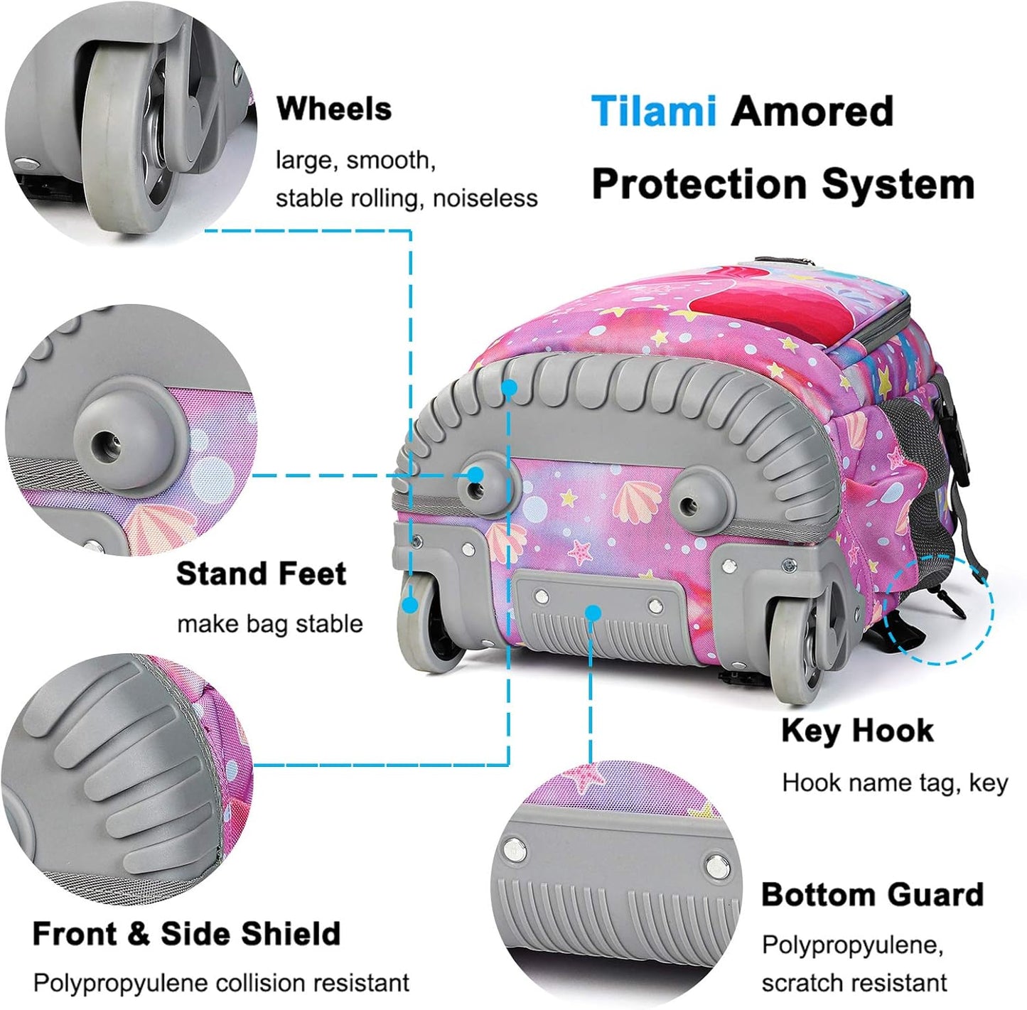 Tilami Rolling Backpack 19 inch Wheeled Cute LAPTOP Boys Girls Travel School Student Trip，Beautiful Tail