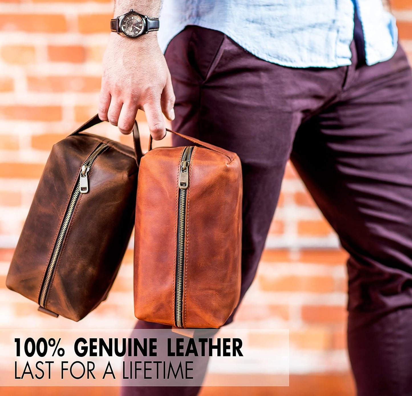 Mens Waterproof Toiletry Bag – Crafted in USA – Ideal Gift for Husband, Dad, Groomsmen, Boyfriend & Friend – Genuine Leather Toiletry Bag Customized Name or Initials – Personalized Travel Bag for Men