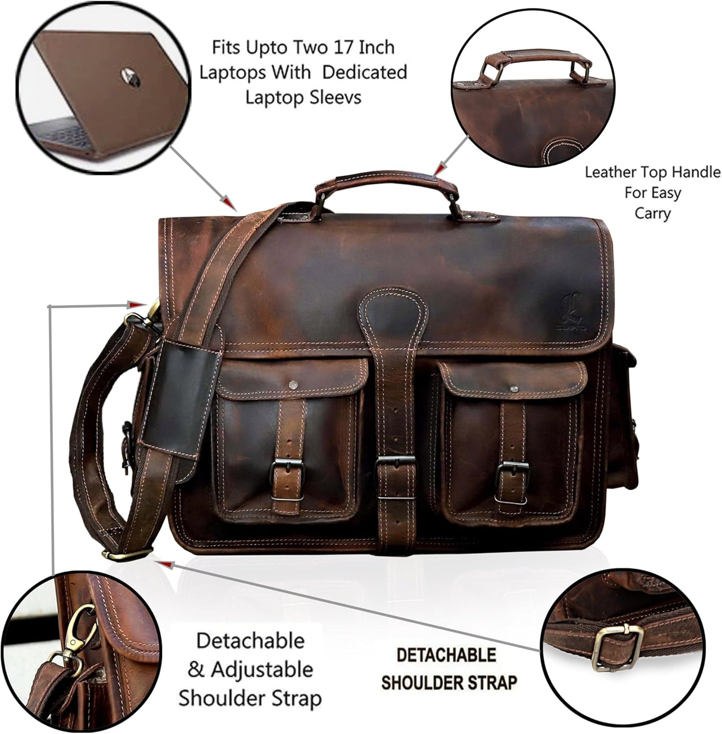 cuero Leather Briefcase Work Bag for Men Women Dark Brown Crossbody Genuine Leather Satchel Office Bag for Men Women 18 Inch Computer Travel Messenger Laptop Shoulder Bag Cureo