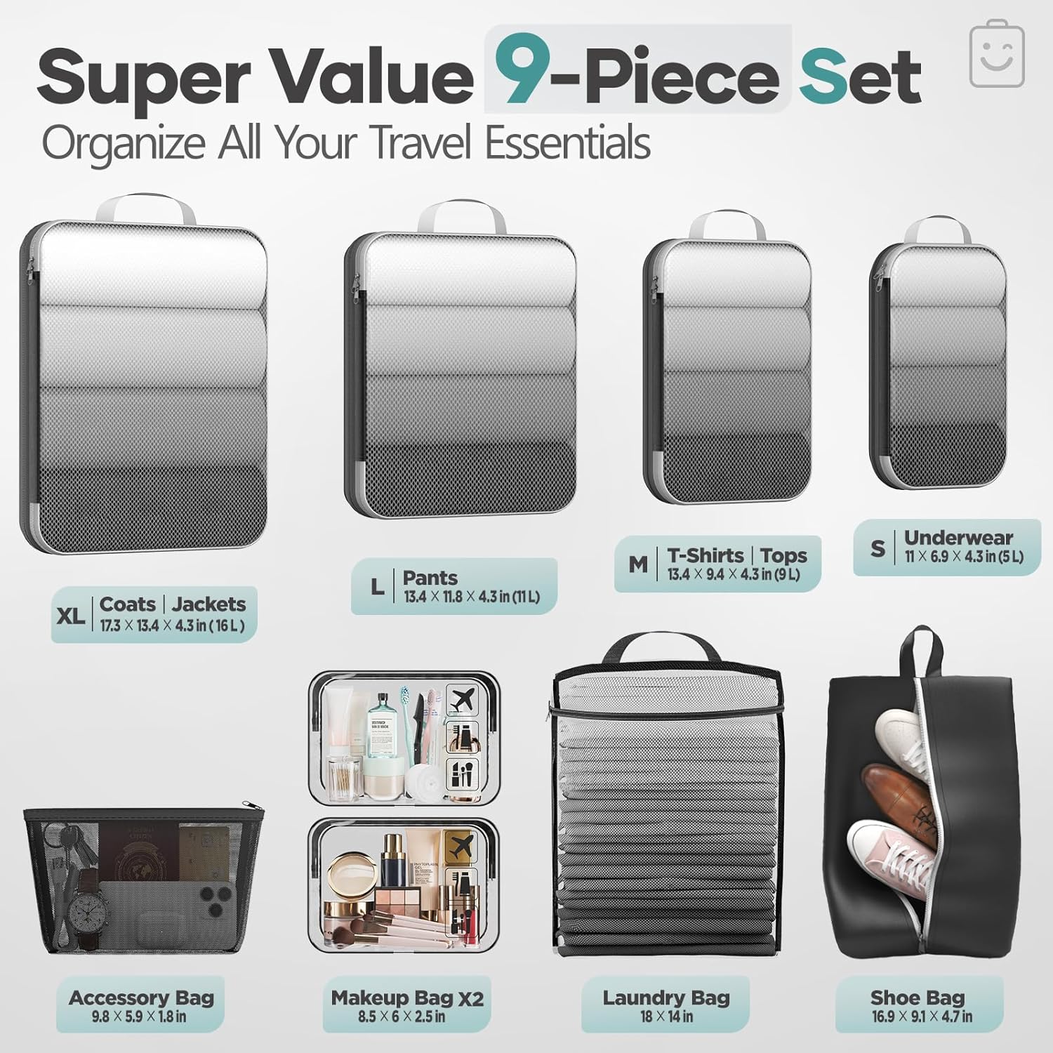 Veken 9/11 Set Compression Packing Cubes for Travel Essentials,Compressible Expandable Large