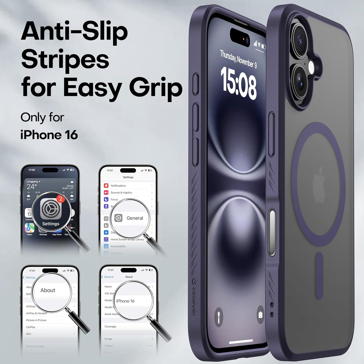 CellEver Strong Magnetic for iPhone 16 Case with Camera Control Capture Button [Camera Protection] [Military Drop Protection] [Compatible with MagSafe] Slim Translucent Matte Cover, Deep Purple