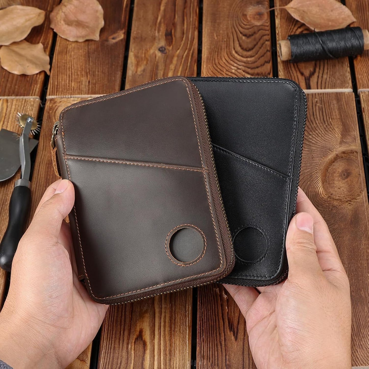 Real Leather Wallet Airtag Compatible RFID Bifold Travel Card Holder (AirTag Slot)