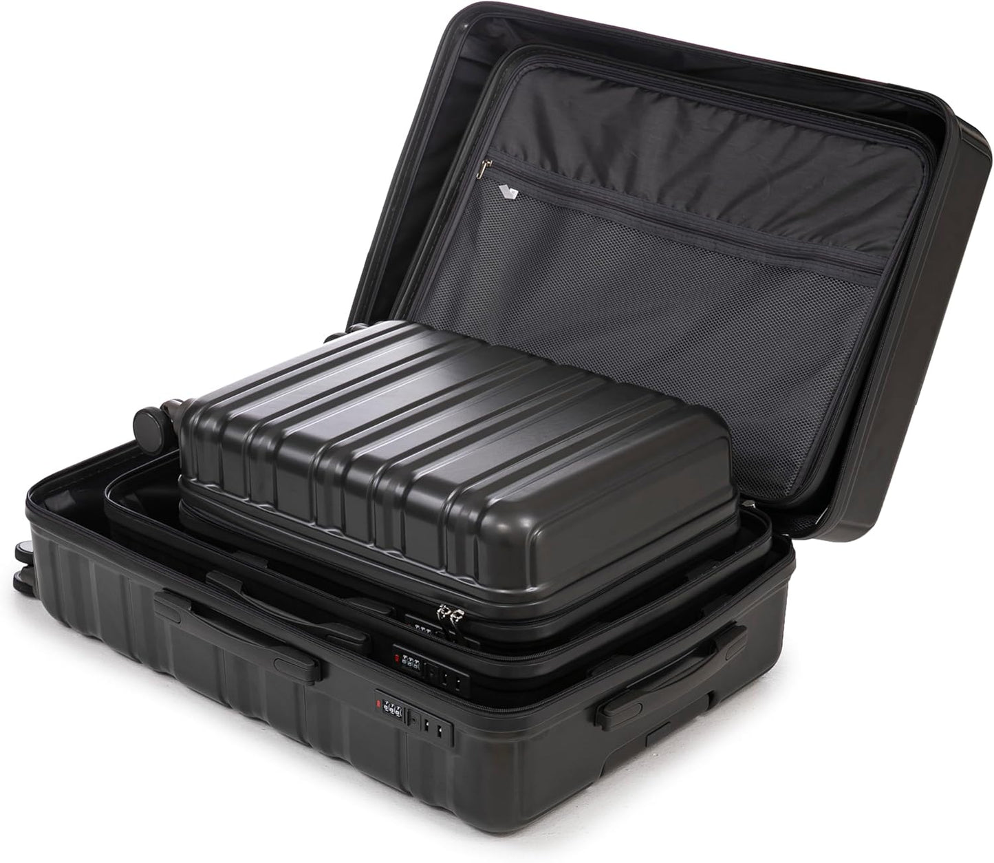 Campfun 3 Piece Luggage Sets, ABS Suitcase Set with Double Spinner Wheels Hang Hook, Durable Carry On Luggage with Combination Lock, 20/24/28 inch, Black