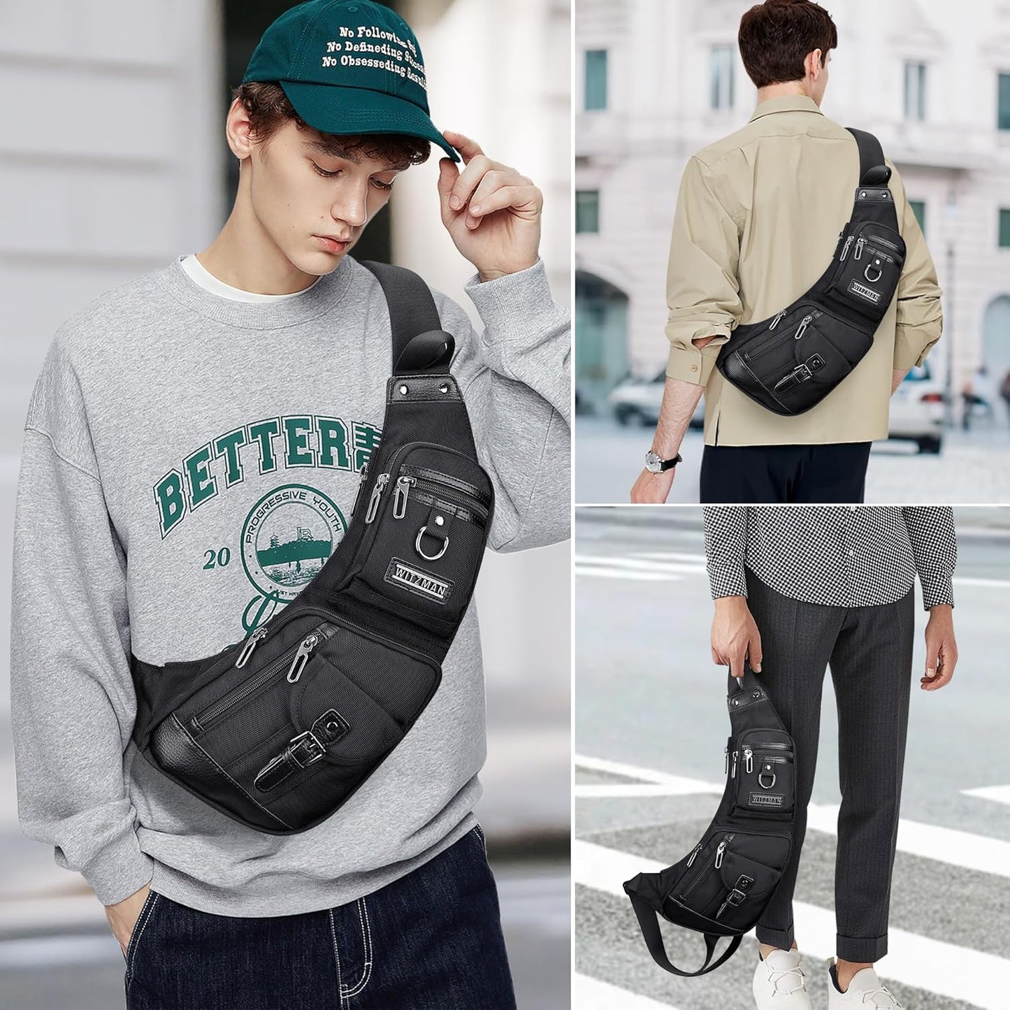 WITZMAN Sling Bag for Men Crossbody Bags Travel Slim Chest Bag One Strap Lightweight Casual Daypack