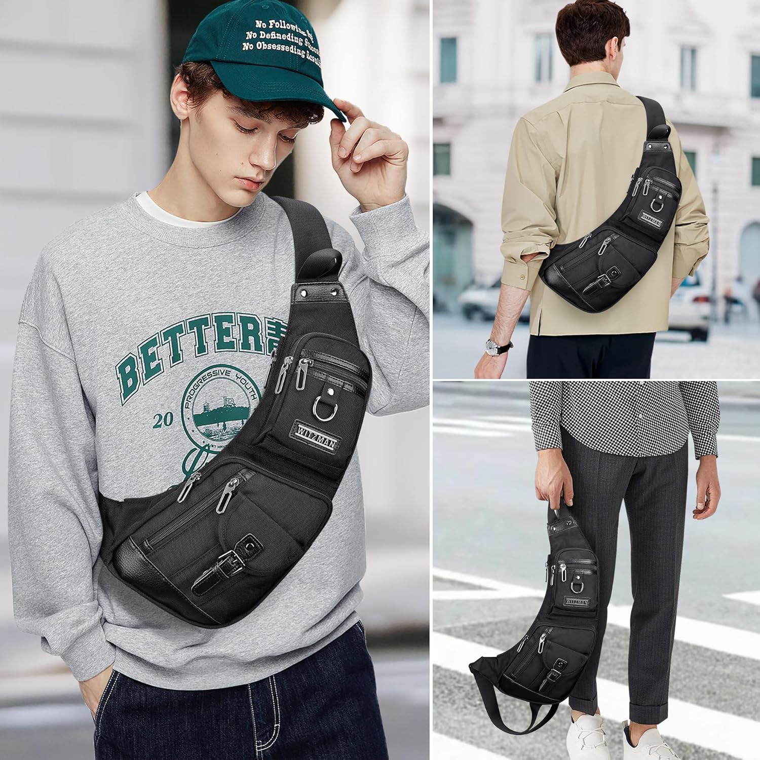 WITZMAN Sling Bag for Men Crossbody Bags Travel Slim Chest Bag One Strap Lightweight Casual Daypack
