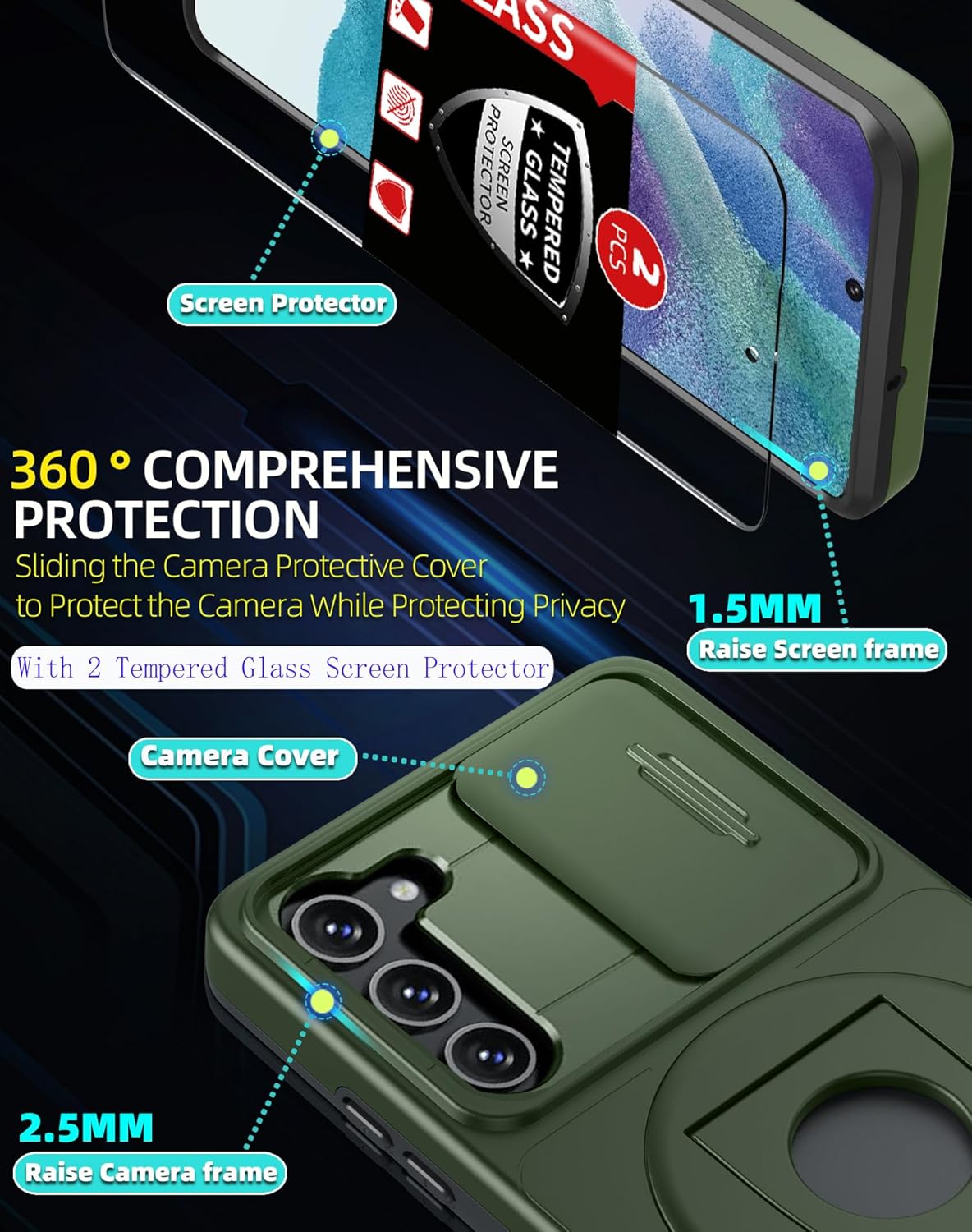 for Samsung Galaxy s21 FE Case Magnetic Compatible with MagSafe Wireless Charging,with 2 Screen Protectors,Built-in Stand Ring+Camera Cover Anti-Scratch Shockproof Heavy Duty Protection Green