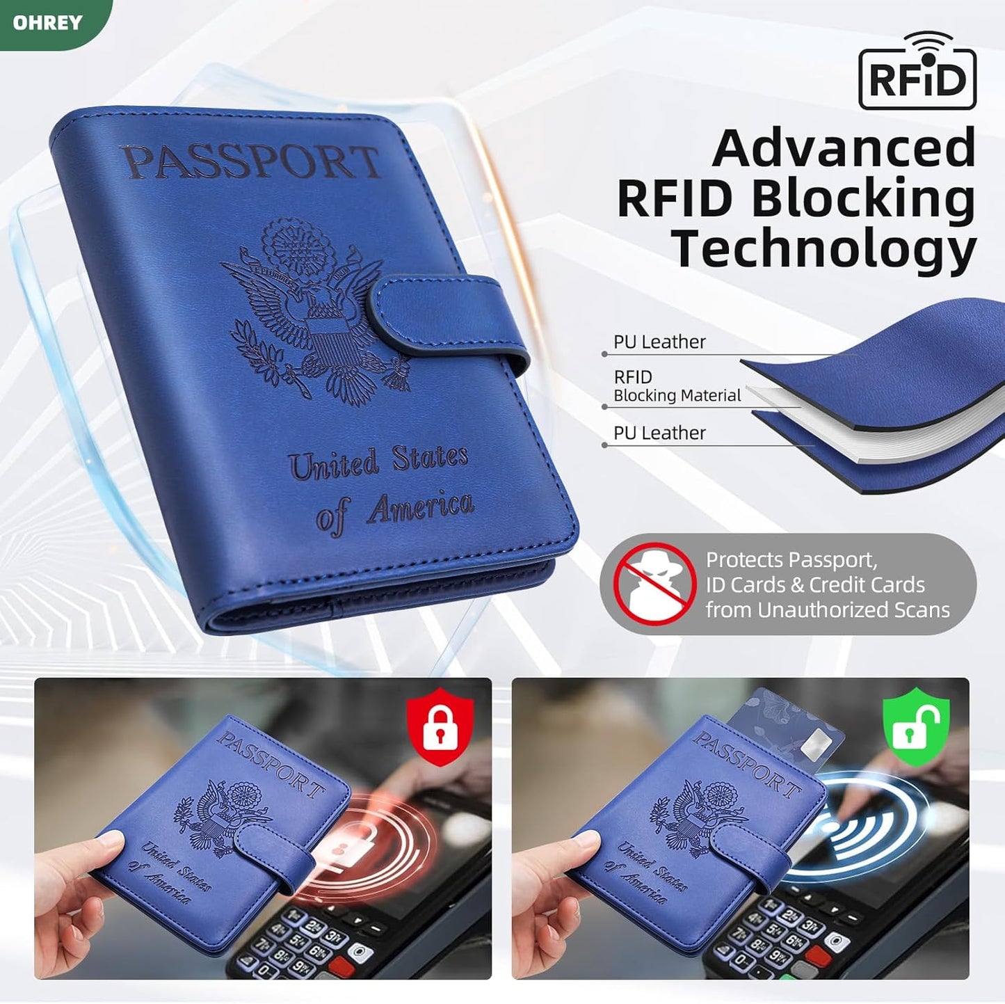 Passport Holder for Travel with Luggage Tag Cover – RFID Blocking Passport Wallet for Women & Men | PU Leather Passport Cover/Passport Case with Extra Money Pocket & Magnetic Clasp – Blue