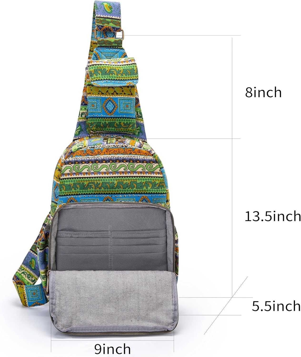 Women sling bag Elephant canvas large boho backpacks bohemian Crossbody Bag (green yellow)