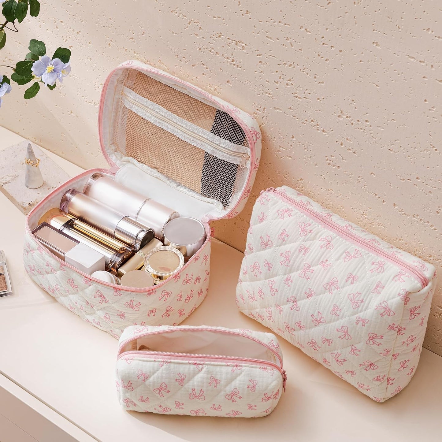 HBselect Quilted Makeup Bag, 3PCS Cotton Large Travel Makeup Bag, Cute Floral Coquette Make up Bag Cosmetic Bag Toiletry Bag for Women Girls