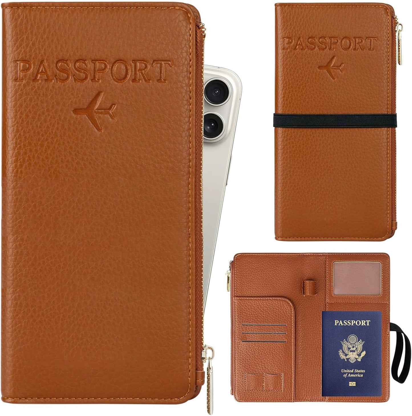 Real Leather Wallet RFID Blocking Passport Holder with Zipper Pocket Travel Organizer Pink (Brown)