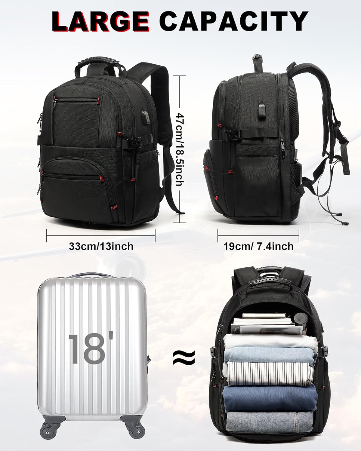 Vacuum Backpack Travel with Pump,Travel Backpack with Vacuum System,Mochila Compresion al vacio,18×14×8 inch Personal Item Bag Airlines Approved,Laptop Backpack,Black
