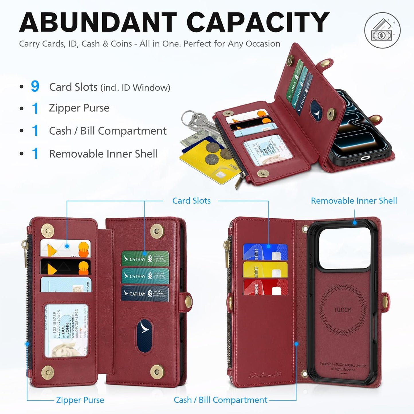 TUCCH Detachable Crossbody Case Wallet for iPhone 17 Pro 6.3", Wireless Charging | RFID Blocking 9 Card Holders | Lanyard | Wrist Strap | Stand | Zipper Pocket | PU Leather | Magnetic Cover | Dark Red