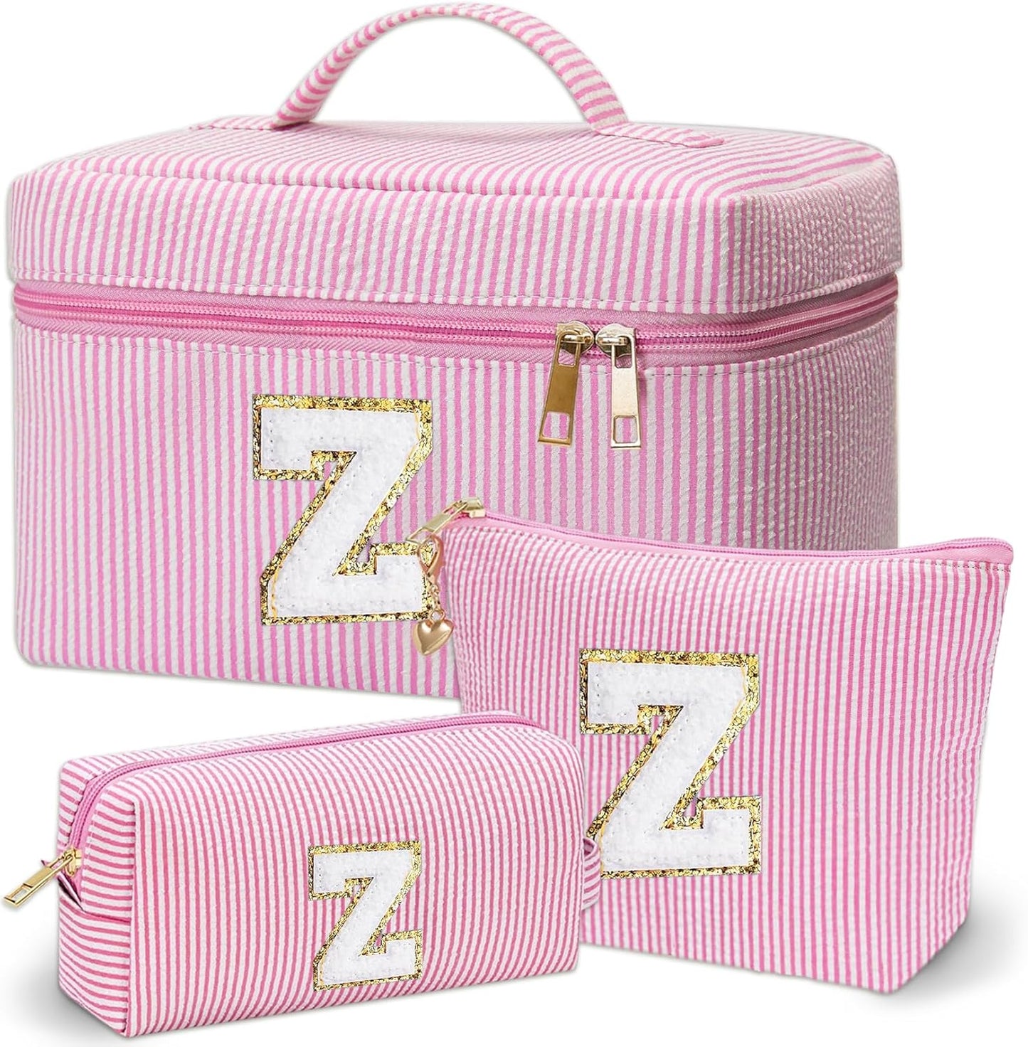 Personalized Monogram Makeup Bag, 3PCS Custom Monogrammed Toiletry Cosmetic Bag for 6-18 Teen Girls Women,Birthday Graduation Gifts Initial Pouch Makeup Bags for Women Girls, Make Up Bag (Z, Pink)