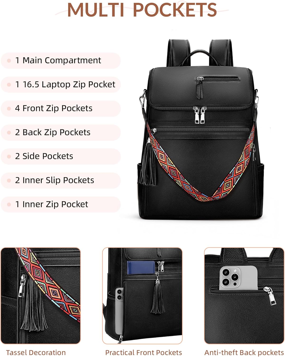 Leather Laptop Backpack for Women Designer Laptop Bag, 16.5 inch Travel Computer Backpacks Purse with Tassel for Work Business with Satchel Purse Black