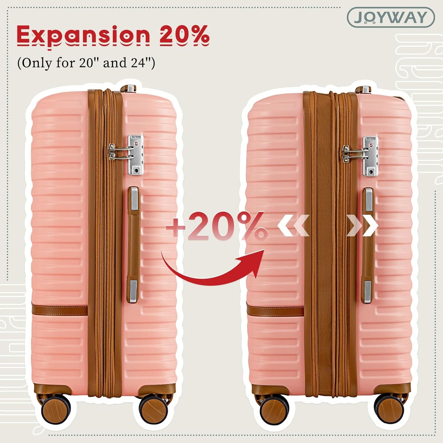 Joyway Expandable Carry on Luggage Sets Airline Approved, Lightweight Hard Shell 20 Inch Carry-on Suitcase with Spinner Wheels, Pink Brown
