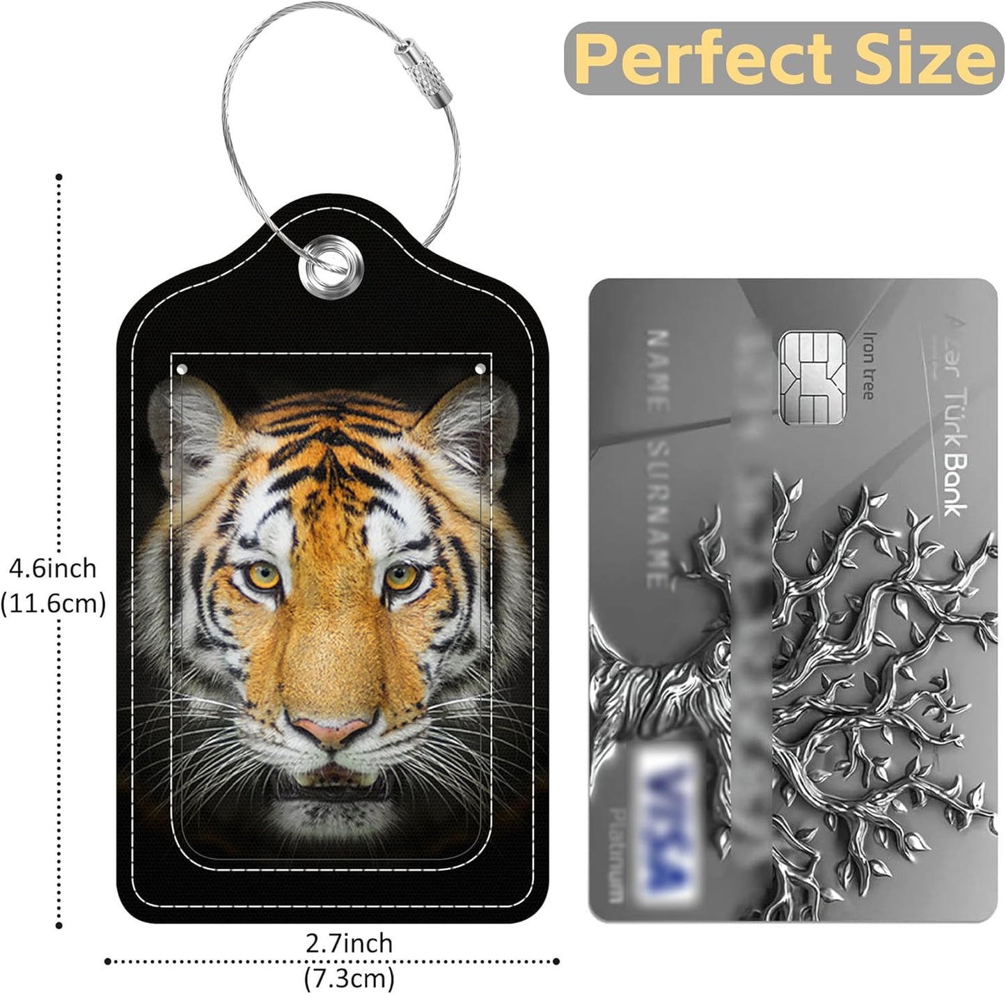 Set of 2 Luggage Tags Tiger Face Leather Suitcases Tag with Privacy Cover Stainless Steel Loop and Address Card for Women Men Travel