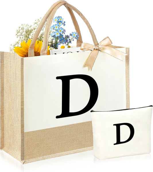 Initial Canvas Tote Bag & Makeup Bag for Women Teacher Bridesmaids，Personalized Present for Wedding, Birthday, Beach