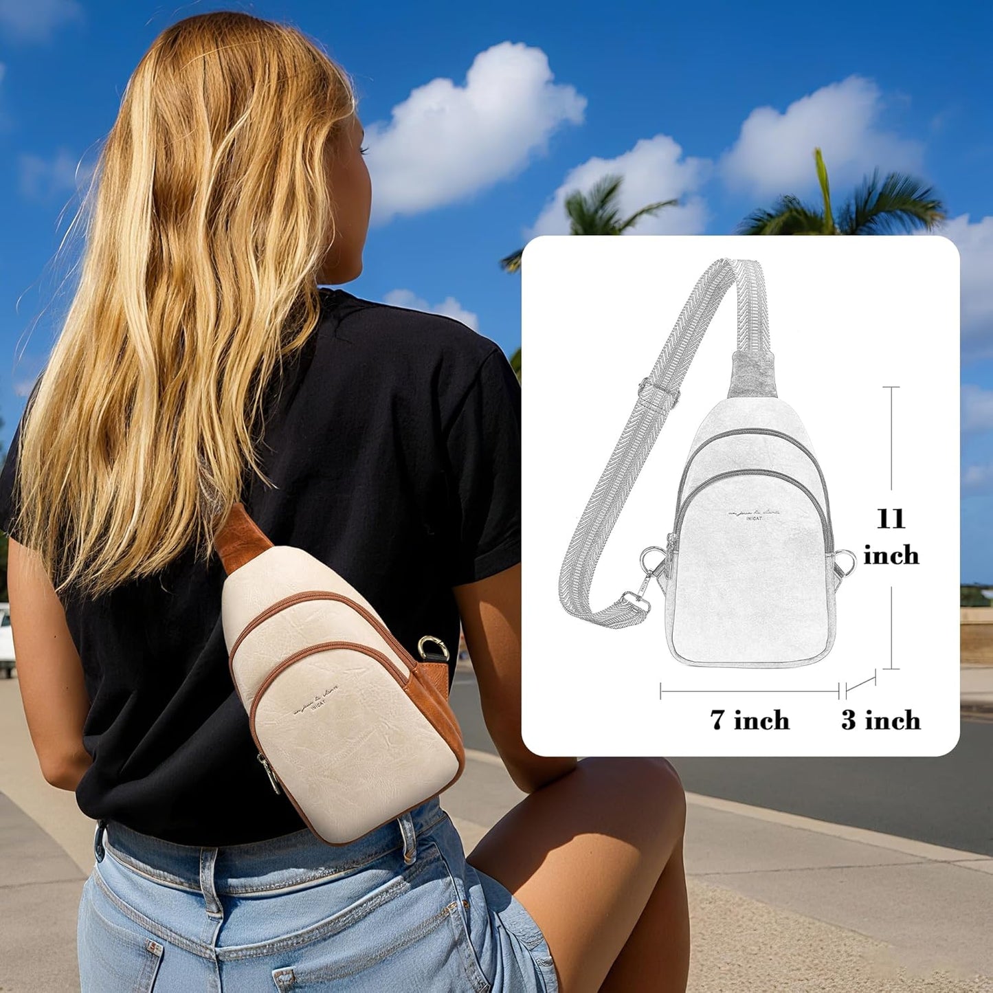 INICAT Crossbody Sling Bags Travel Cross Body Purses Faux Leather Fanny Packs Chest Bag for Women