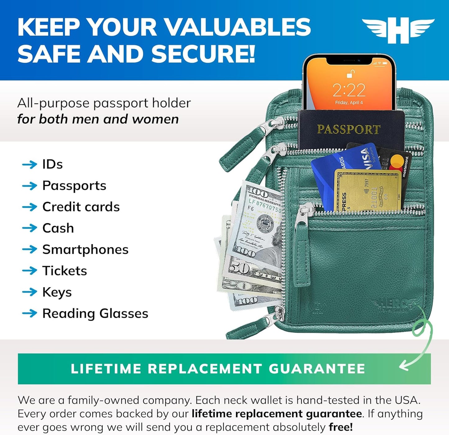 HERO Neck Wallet, RFID Blocking Vegan Leather Passport Holder & Pouch (Sage Green)