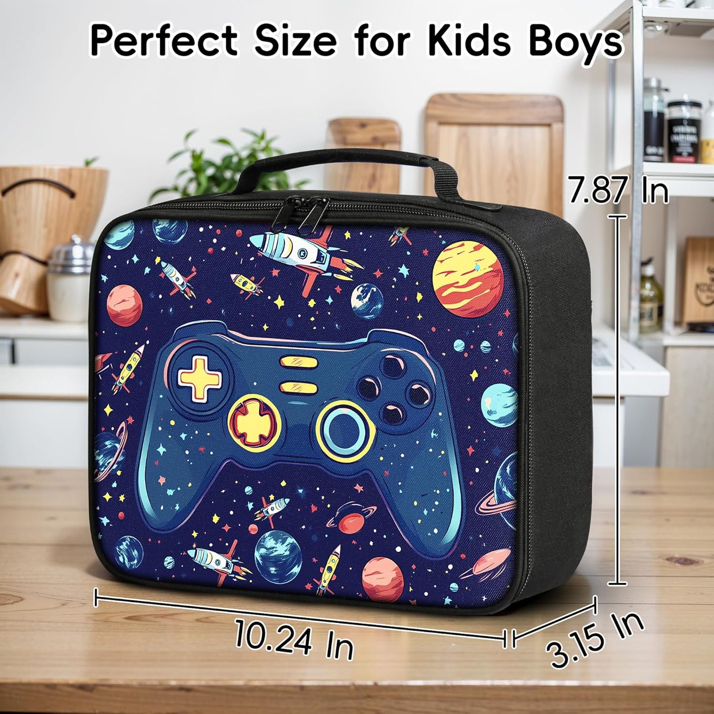 Gamer Lunch Box for Boys, Insulated Reusable Video Game Lunch Bag Portable Waterproof Leakproof Lunch Tote Bag Game boy Lunch Box for School Picnic Travel Back to School Gifts (space game)