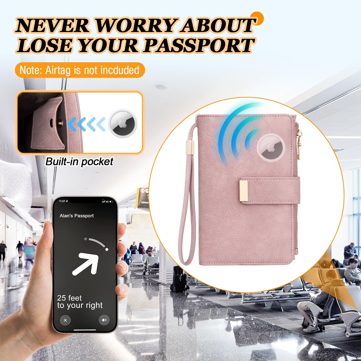 HUANLANG Passport Holder with Airtag for Women/Men, Airtag Passport Wallet for Travel Leather