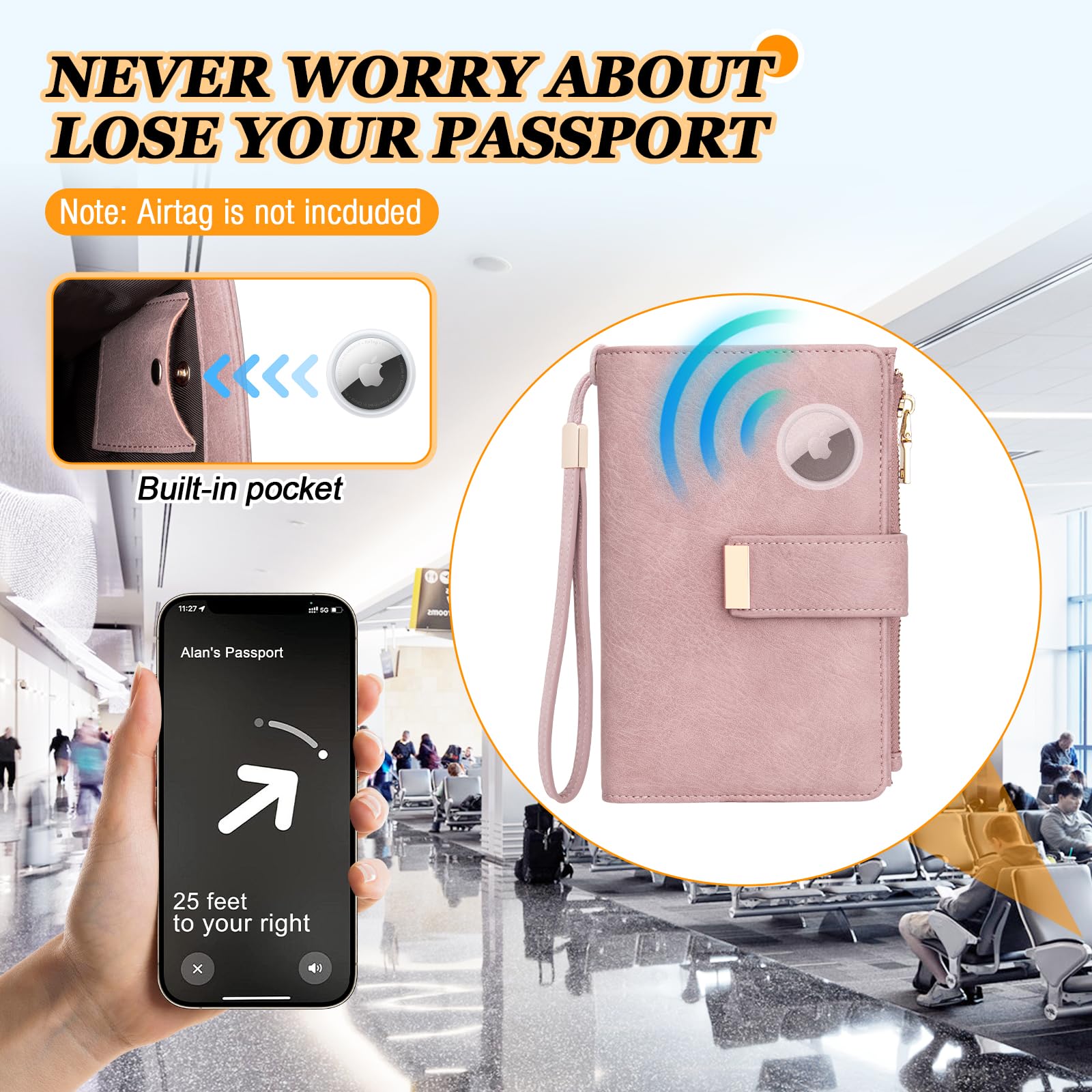 HUANLANG Passport Holder with Airtag for Women/Men, Airtag Passport Wallet for Travel Leather