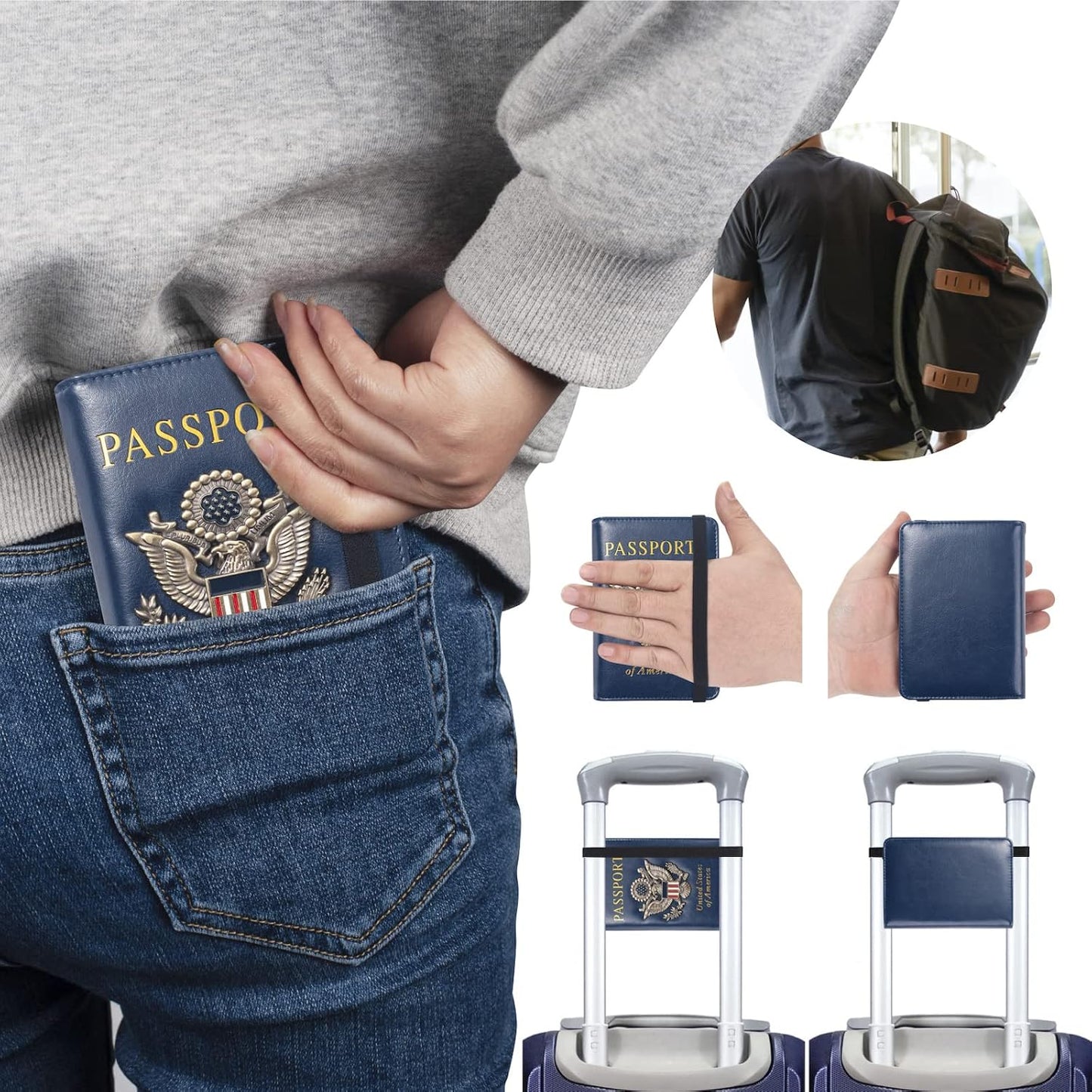Passport Holder for Travel Men Women, RFID Blocking Passport Cover Leather Passport Wallet With 3D Metal Badge Waterproof Passport Case Travel Wallets Accessories Document Organizer (Navy Blue)