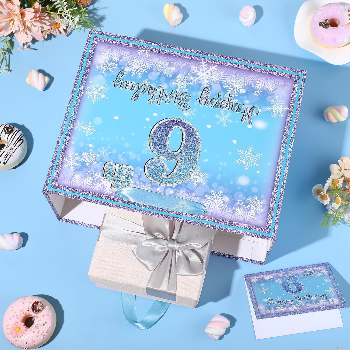 Frozen 6th Birthday Gift Bag for Girls, Large Purple Blue Snowflake Six Birthday Bags with Tissue Paper and Greeting Card Snow Frozen 6 Years Old Party Favor Bags for Girls 6th Bday Christmas Gift