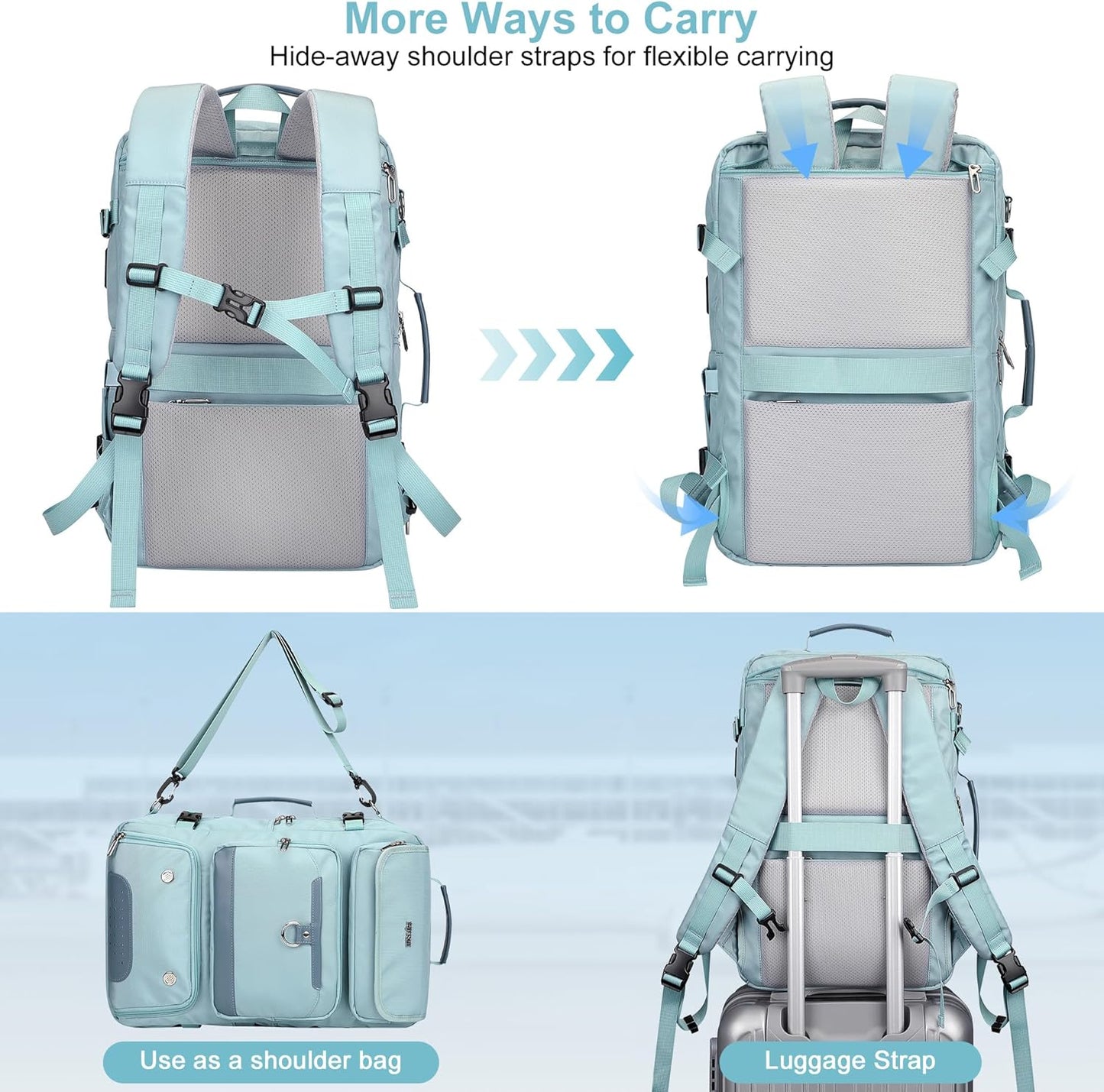 PIJUSHI Carry on Travel Backpack for Women Convertible Duffel Bag Backpack Large Luggage Rucksack Fit 16 Inch Laptop(PE039 Blue)