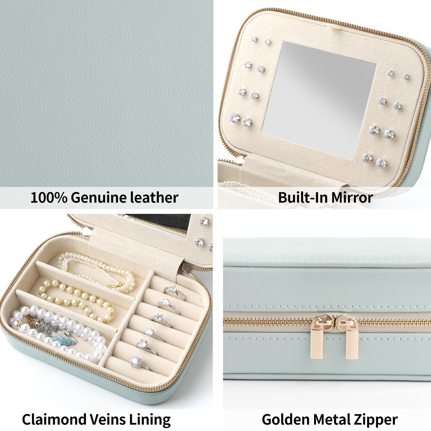 NGVRC Genuine Leather Travel Jewelry Organizer Case with Mirror for Women, Small Mini Portable