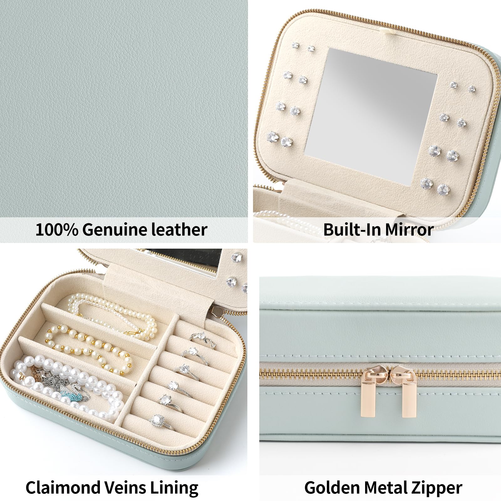 NGVRC Genuine Leather Travel Jewelry Organizer Case with Mirror for Women, Small Mini Portable