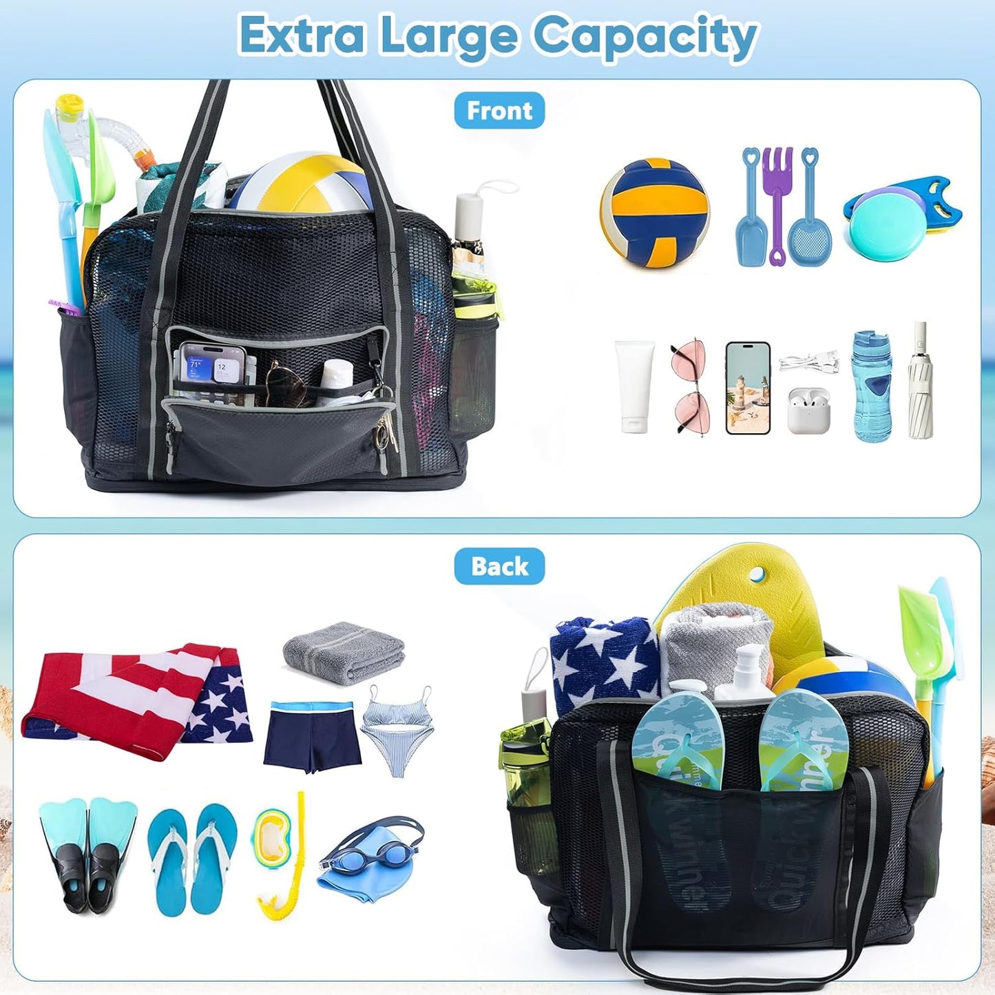 Large Mesh Beach Bag - XL Beach Tote Sandproof - Swim Bag - Large Pool Tote with Pockets for Toiletries, Towel