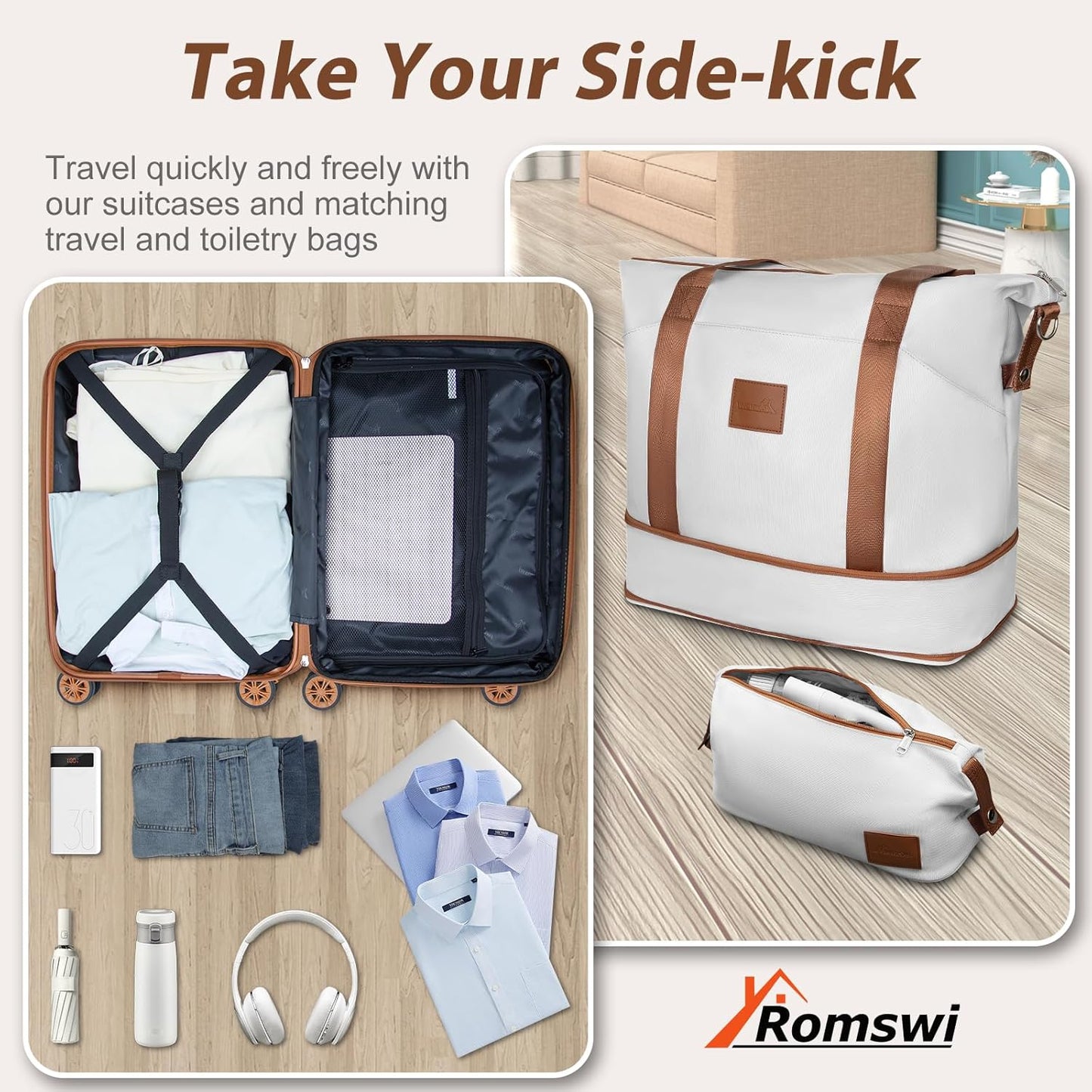 Romswi Luggage Set 3 Piece, Hardside 20 inch Carry On Luggage Airline Approved ABS+PC Suitcase with Duffel Bags, White, Luggage Set (DB/TB/20) with Dual Spinner Wheels TSA Lock for Men and Women