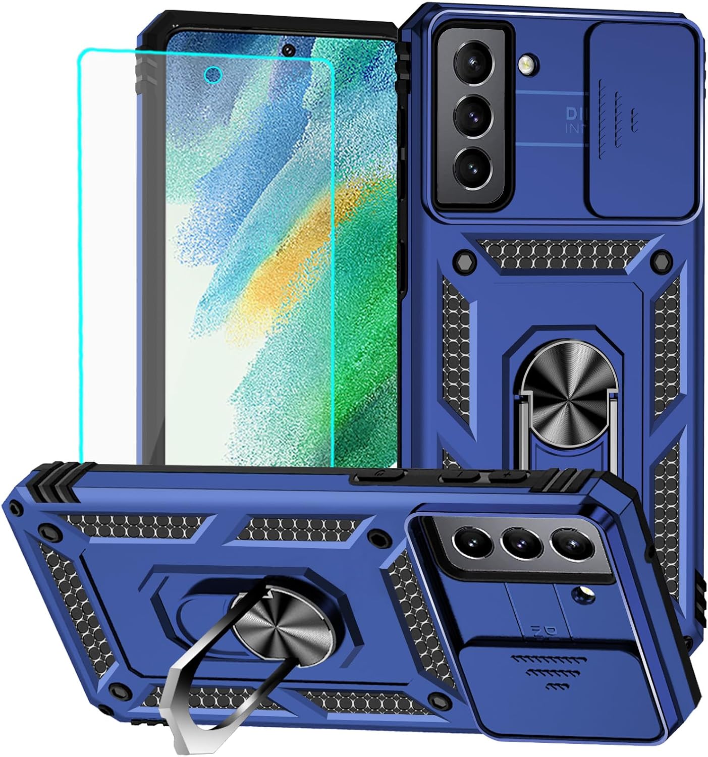for Samsung S21 FE Case with Screen Protector: [Military Grade 20ft. Drop Tested] Ring Shockproof Protective Phone Case for -Samsung Galaxy S21 FE (Blue)