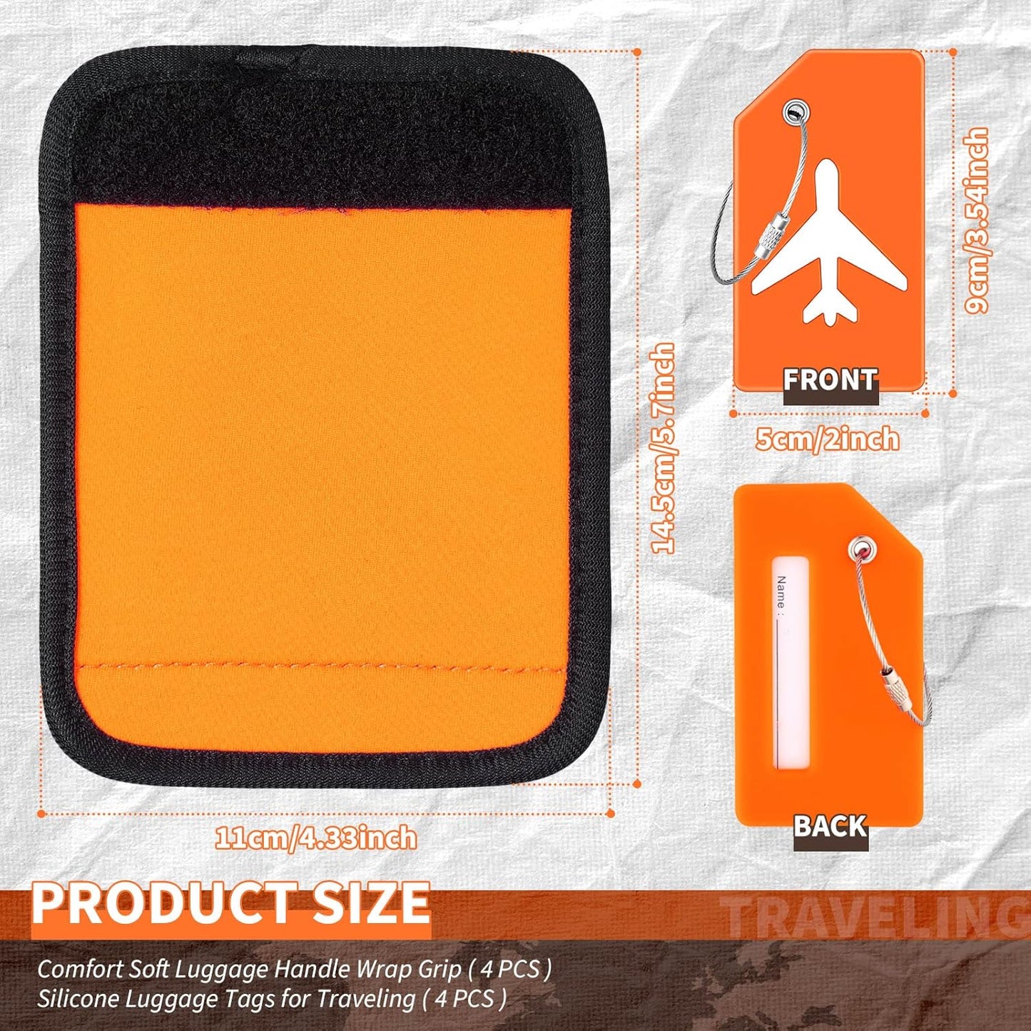Sanwuta 8 Pcs Luggage Handle Wrap Tags Neoprene Suitcases Handle Wraps Silicone Luggage Identifiers Travel(Orange)