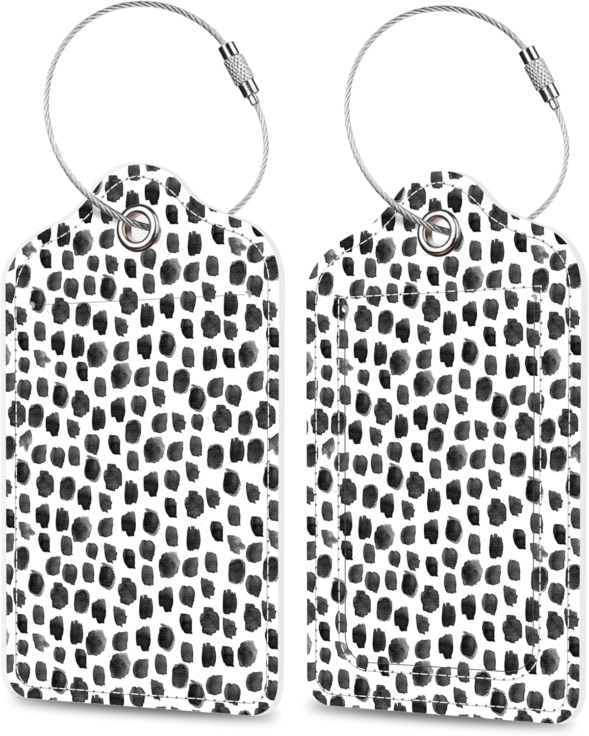Set of 2 Luggage Tags Black White Watercolor Dots Leather Suitcases Tag with Privacy Cover Stainless Steel Loop and Address Card for Women Men Travel