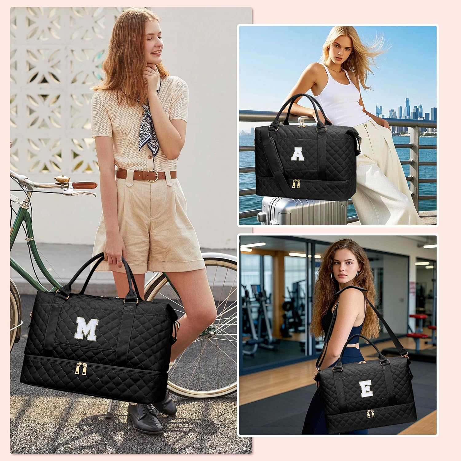 Gifts for Women Girls Initial Travel Duffle Bag Quilted Weekender Carry-On Overnight with Cosmetic