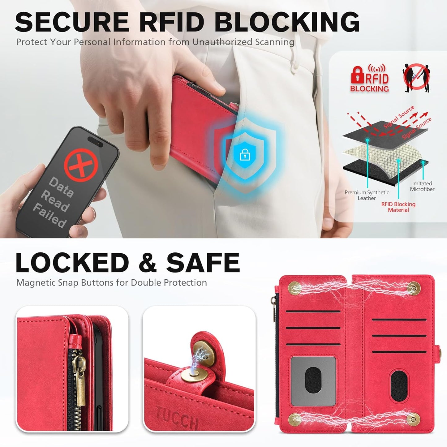 TUCCH Detachable Crossbody Wallet Case for iPhone 17 Pro 6.3", 9 Card Slots RFID Blocking | Stand | Lanyard Wrist Strap | Wireless Charging | Zipper Pocket | PU Leather Magnetic Flip Cover | Red