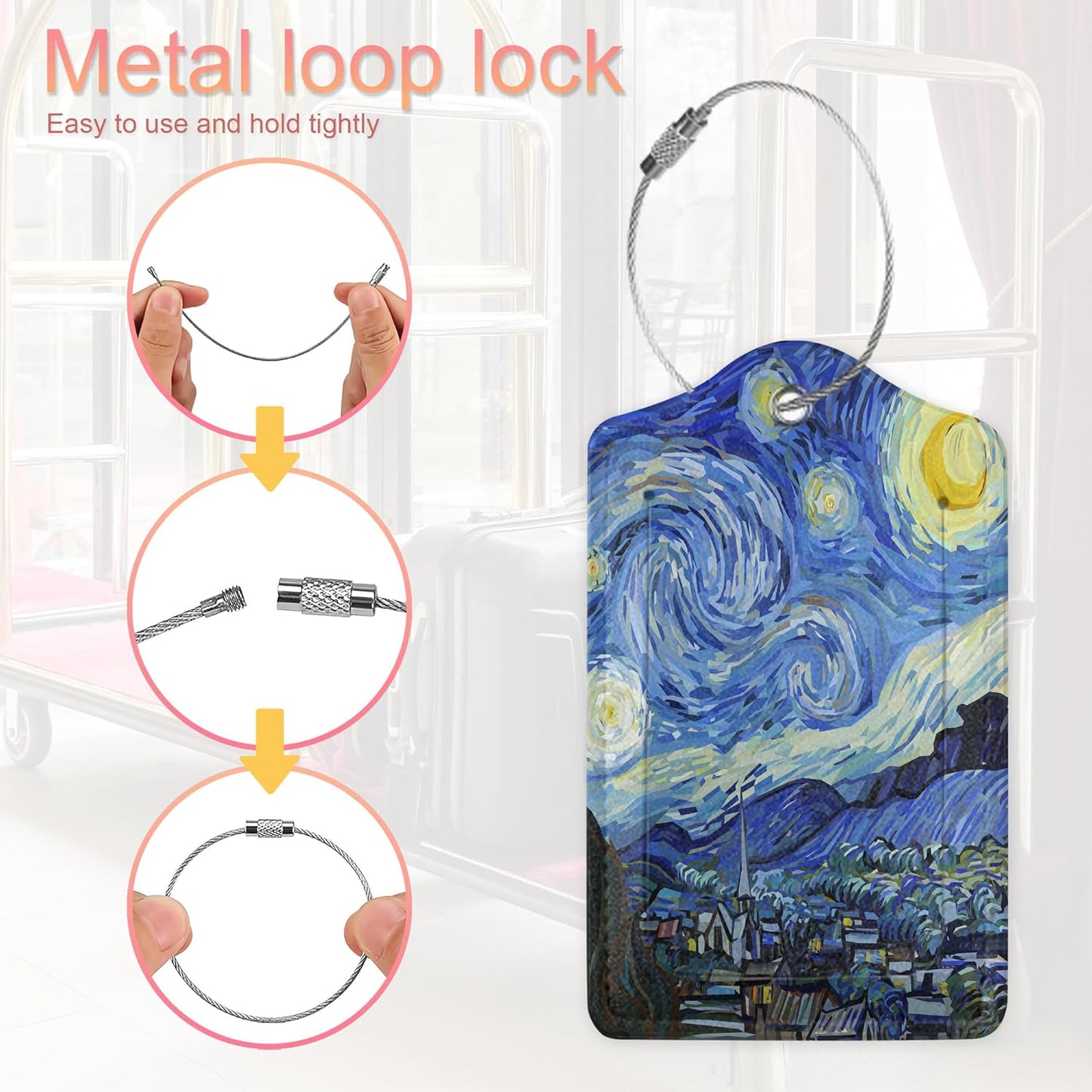 Van Gogh Starry Night Luggage Tags Set of 2 Leather Luggage Tags Privacy Cover Suitcase Label with Stainless Steel Loop for Women/Men Travel