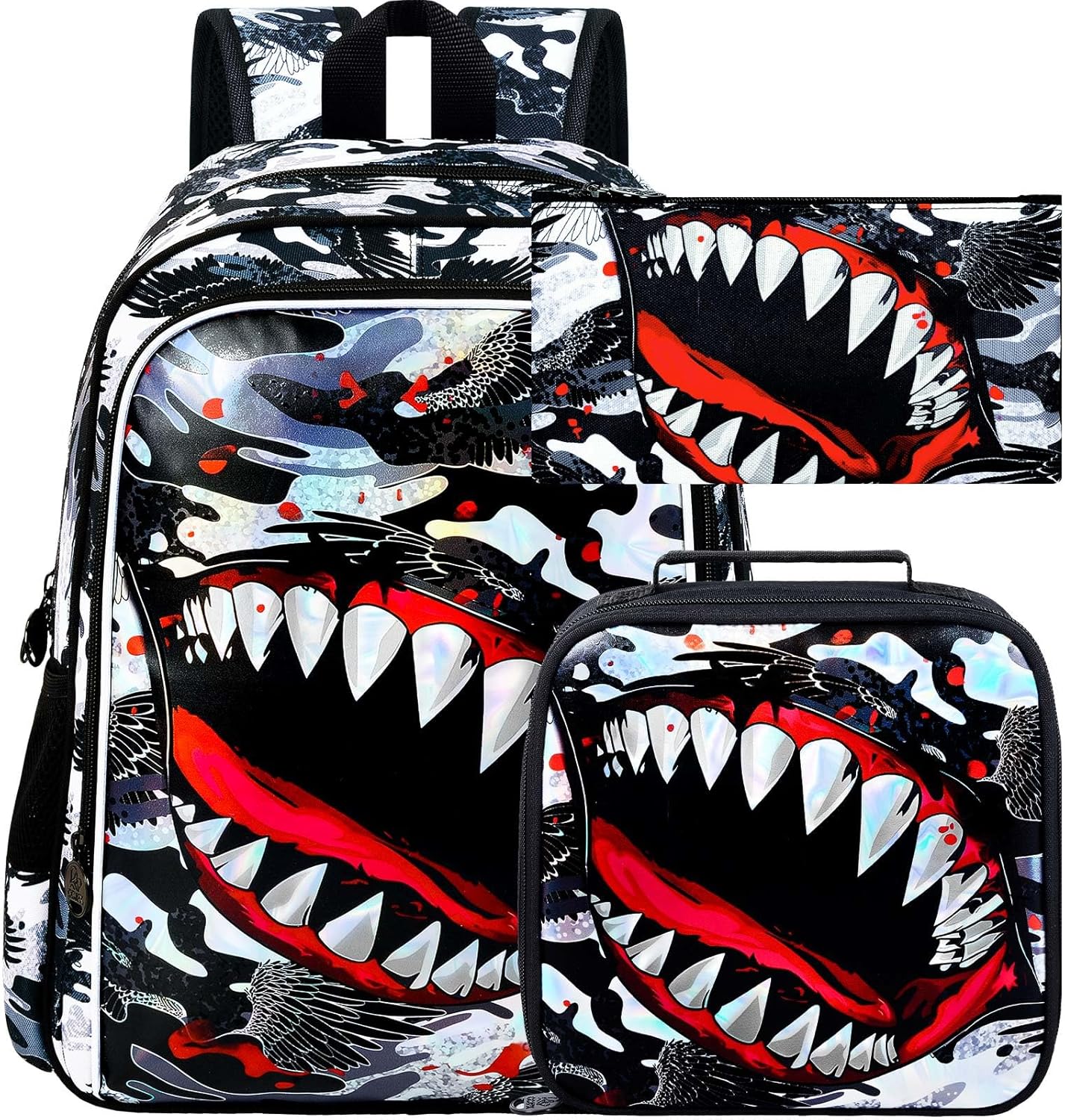 3Pcs Boys Backpack, 16" Shark Bookbag for Elementary Preschool Kindergarten, Kids School Backpacks with Lunch Box(Black)