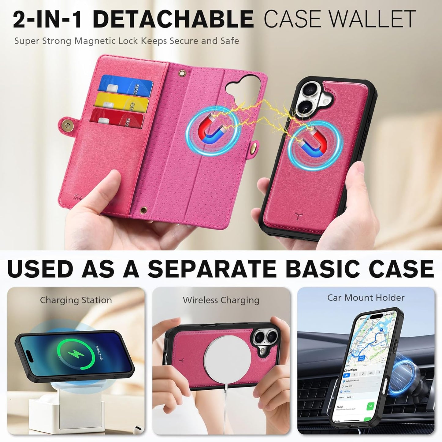 TUCCH Detachable Crossbody Case Wallet for iPhone 17 (6.3"), Wireless Charging | RFID Blocking 9 Card Holders | Lanyard | Wrist Strap | Stand | Zipper Pocket | PU Leather | Magnetic Cover | Hot Pink