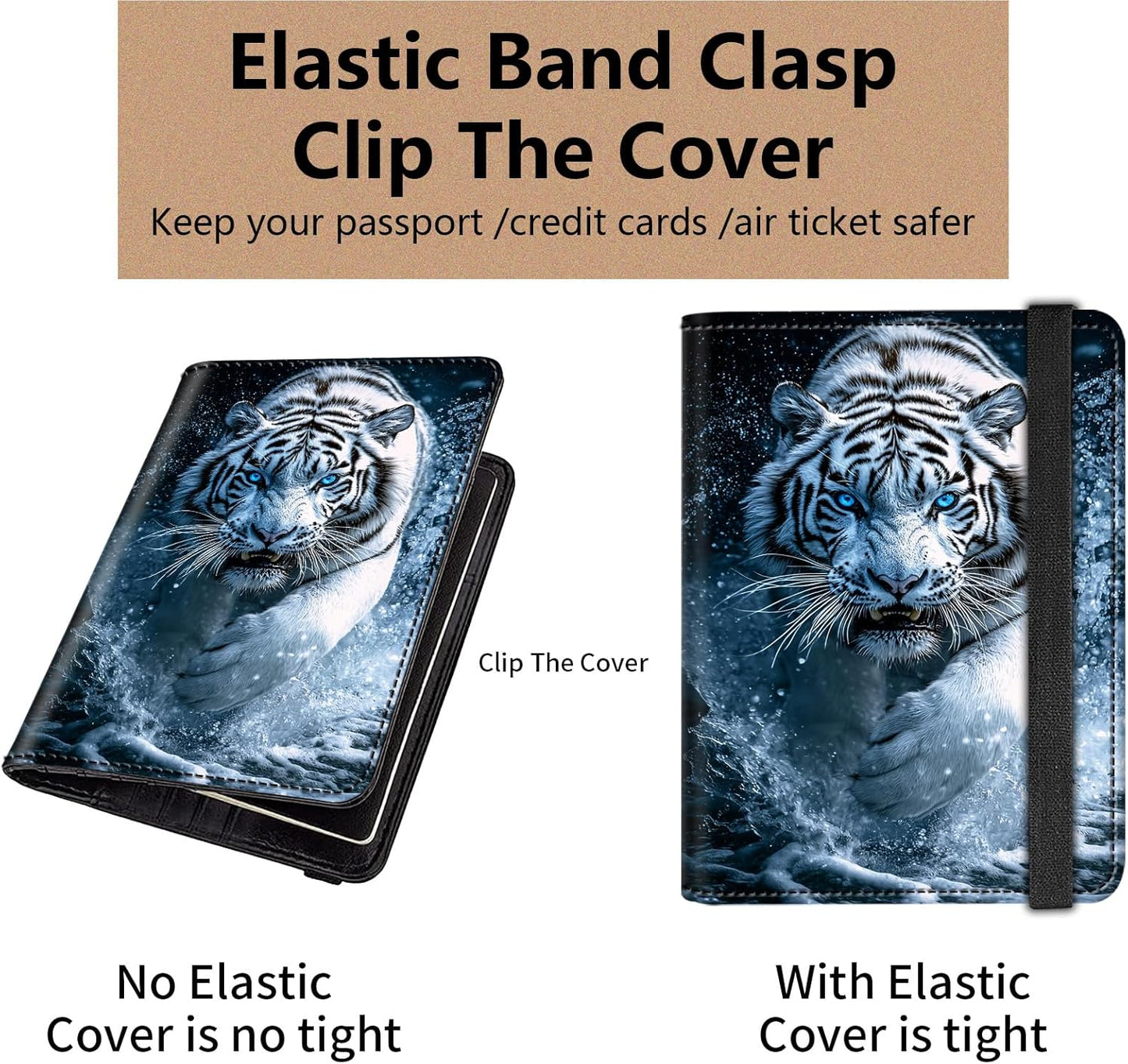 Passport and Vaccine Card Holder Cover Combo,Travel Passport Holder Wallet with RFID Blocking, Leather Vaccine Card Slot Passport Cover Case for Women & Men,White Tiger with Blue eyes