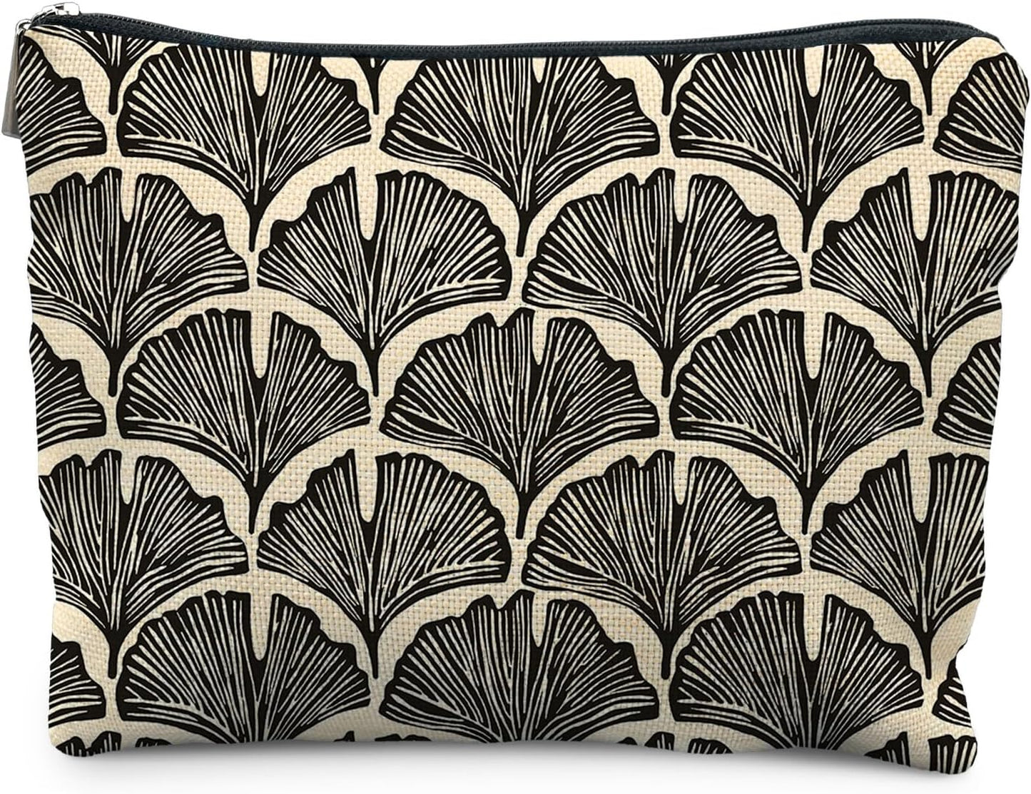 Abstract Black and Beige Makeup Bag, Art Deco Feather Palm Botanical Cosmetic Bags for Women, Mid Century Modern Art Zipper Makeup Pouch