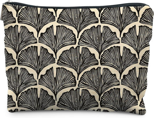 Abstract Black and Beige Makeup Bag, Art Deco Feather Palm Botanical Cosmetic Bags for Women, Mid Century Modern Art Zipper Makeup Pouch
